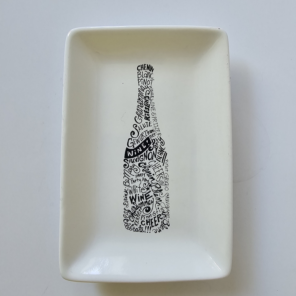 White Ceramic Wine Art Tray – “Wine Words Black” (2012) – Signature Housewares I